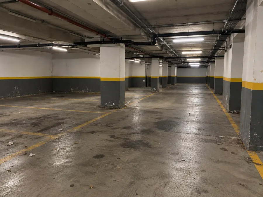 Antes: Cochera del edificio de Caballito, con manchas de aceite, tierra y basura