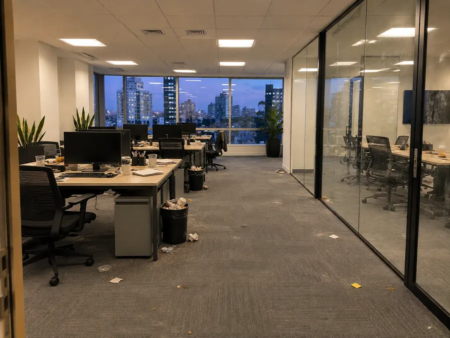 Antes: Oficina en Estados Unidos, CABA, al final de la jornada, con residuos y escritorios desordenados