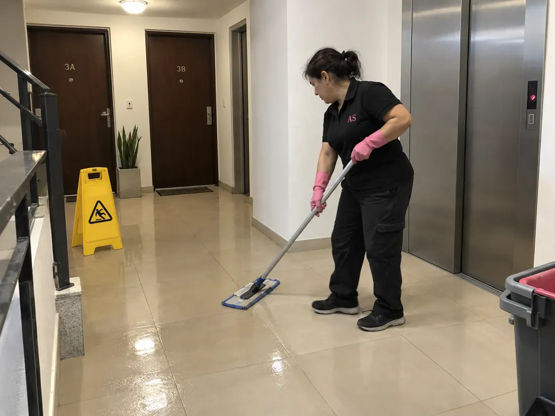 Operaria de Aqua Simplicity pasando el mopa en el palier de un edificio, con el piso brillante