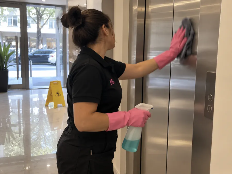 Operaria limpiando la puerta de acero del ascensor en el hall de un edificio