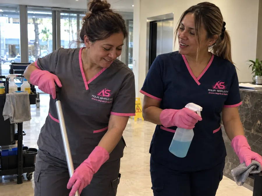 Dos operarias de Aqua Simplicity con uniforme y guantes rosas limpiando el hall de un edificio