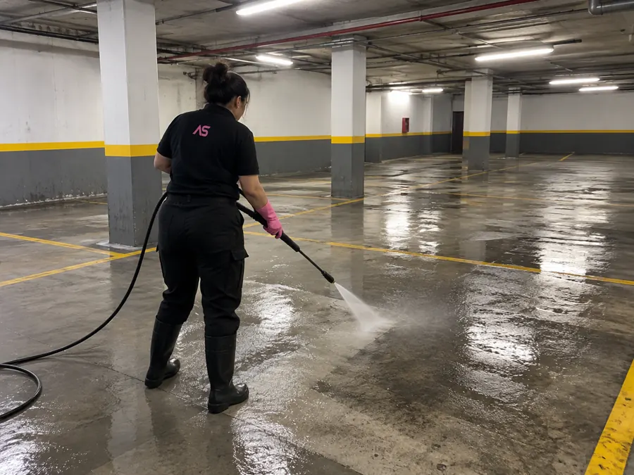 Operaria hidrolavando el piso de una cochera