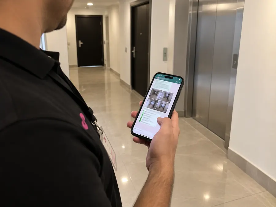 Supervisor revisando en el celular el reporte con fotos de un servicio