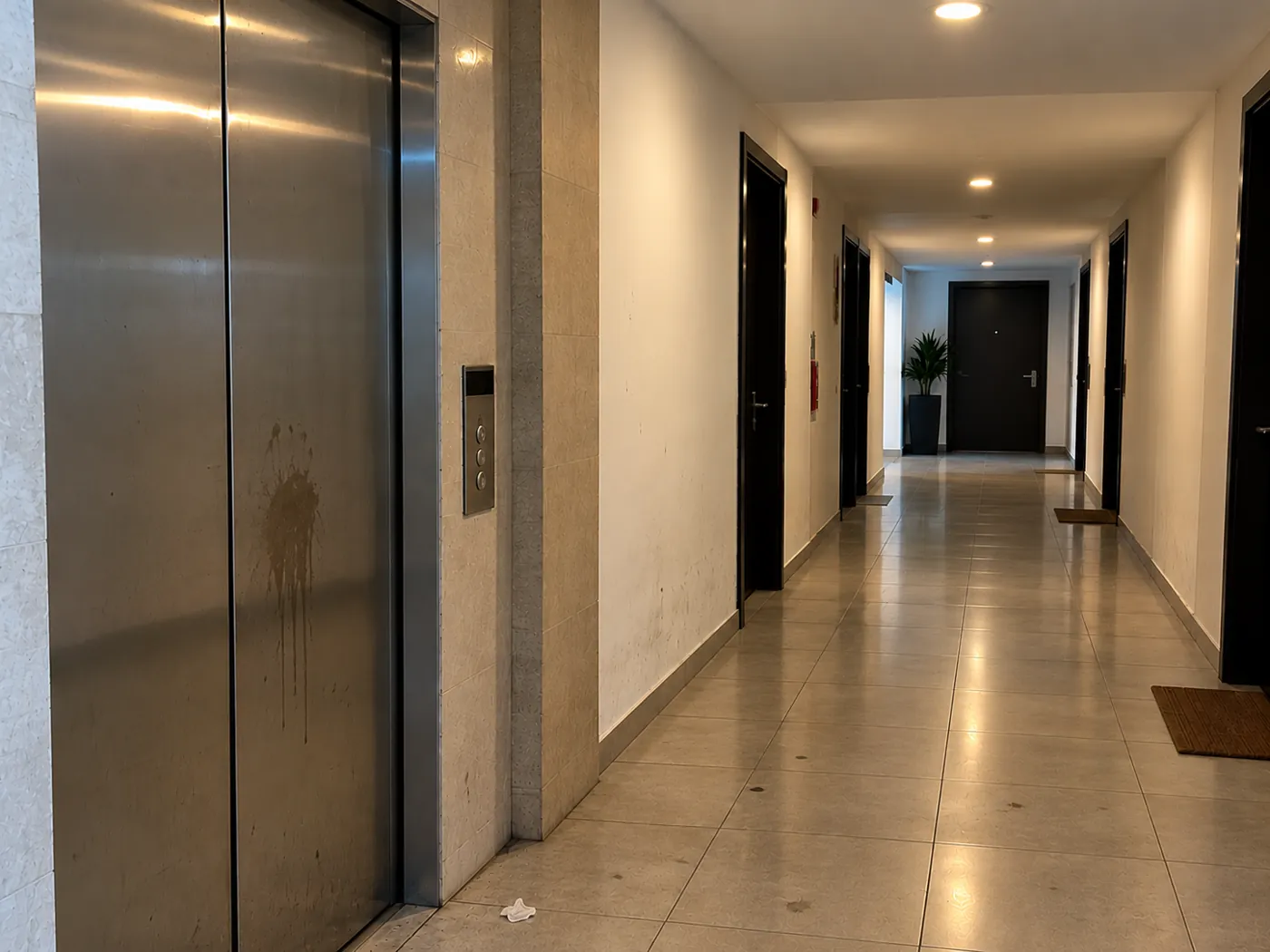 Antes: el mismo pasillo con el piso manchado, basura y la puerta del ascensor sucia