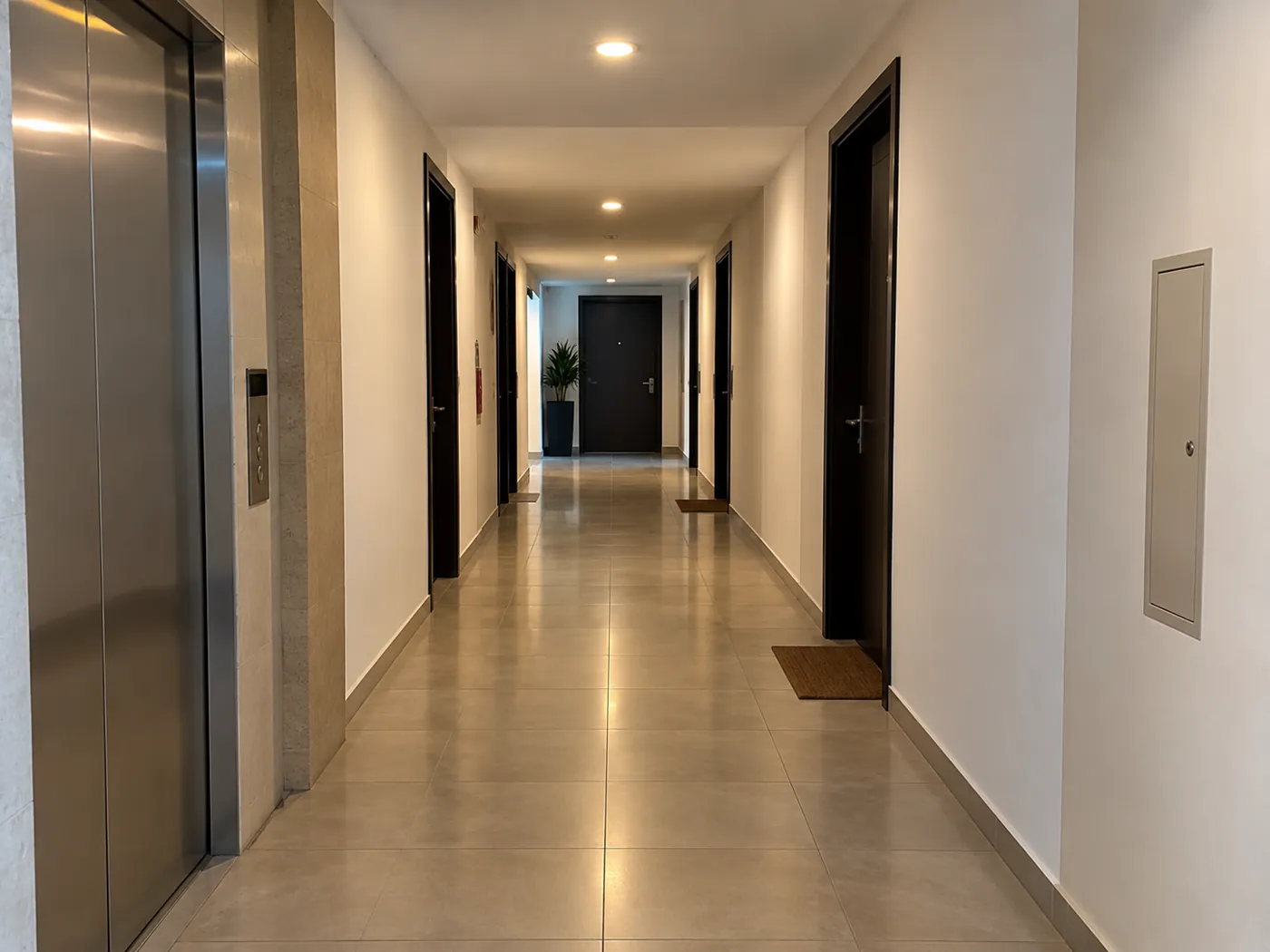 Después: pasillo de edificio en Gaona, CABA, con el piso limpio, sin basura y la puerta del ascensor restaurada