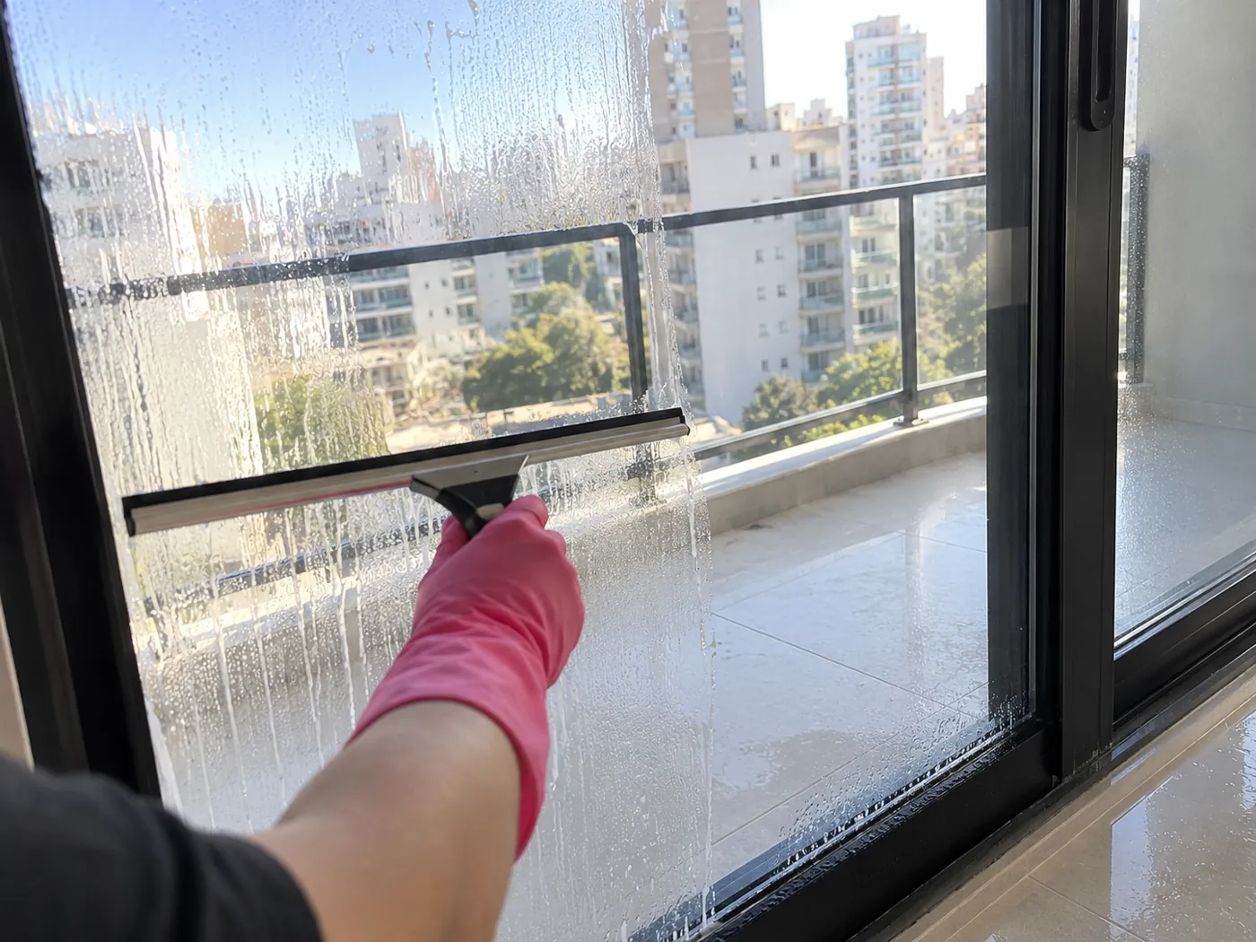 Operaria con guantes rosas limpiando con secador el vidrio de una ventana corrediza